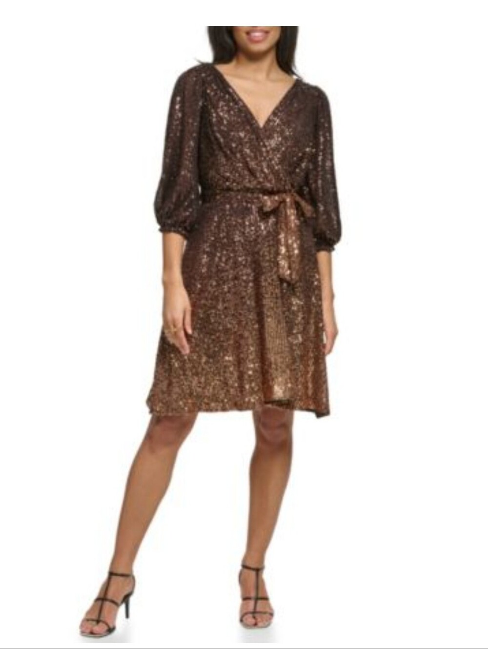 DKNY Two-Tone Bronze Sequin Wrap Midi Dress
